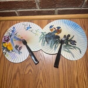 Lot of 2 VTG Asian Folding Hand Fans Bird Floral Chinoiserie Decor Collectible